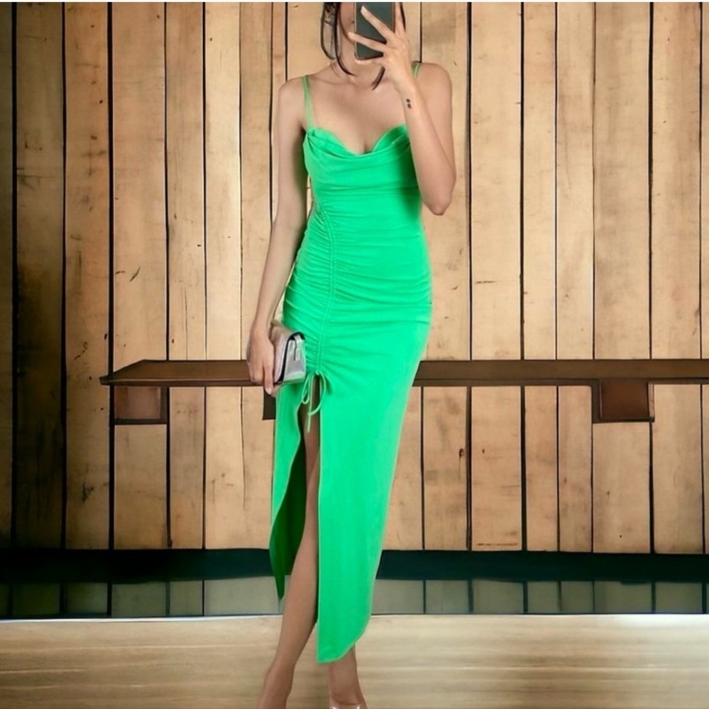 ZARA draped midi dress green size xs